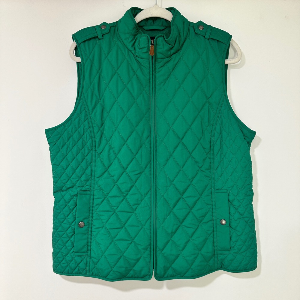 Talbots Womens XL Petite Green Quilted Fleece Lined Equestrian Full Zip Vest